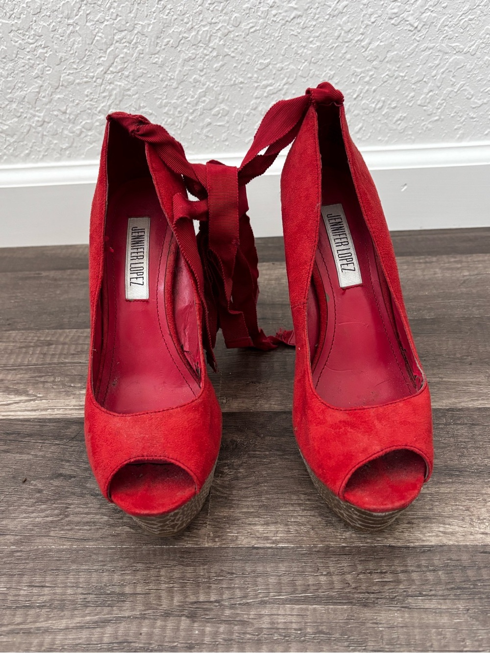 Jennifer Lopez Red Suede Peep-Toe Platform Espadrille Heels with Ankle Tie